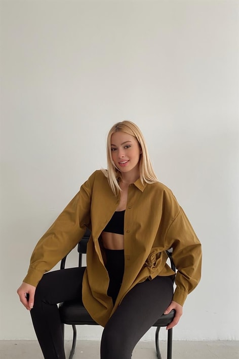 Yan Büzgülü Basic Gömlek Yağ Yeşili