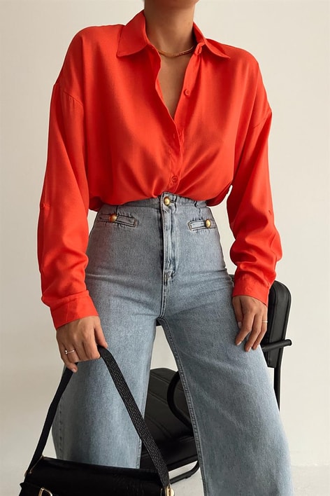 Yan Düğme Detaylı Basic Gömlek Oranj