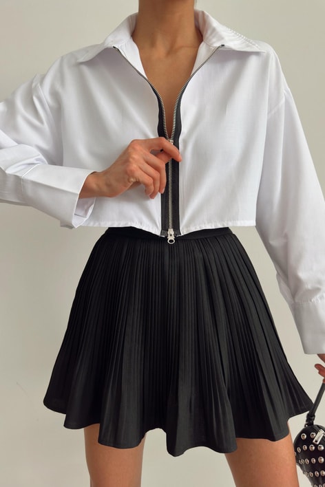 Zip Detay Poplin Crop Gömlek Beyaz