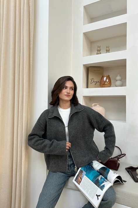 Dik Yaka Fermuarlı Hırka Antrasit