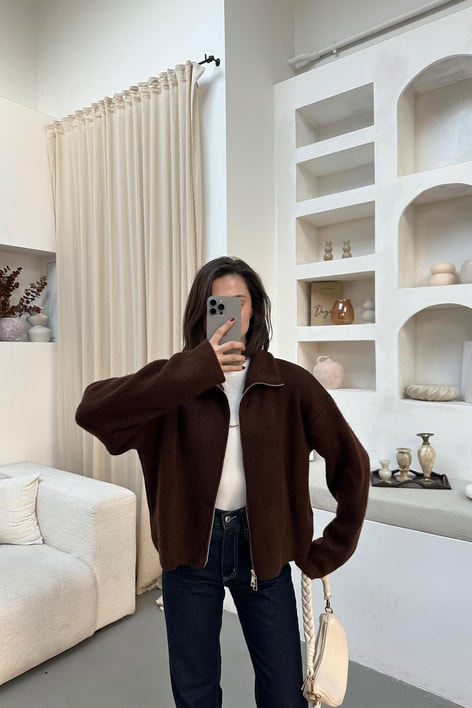 Dik Yaka Fermuarlı Hırka Kahve