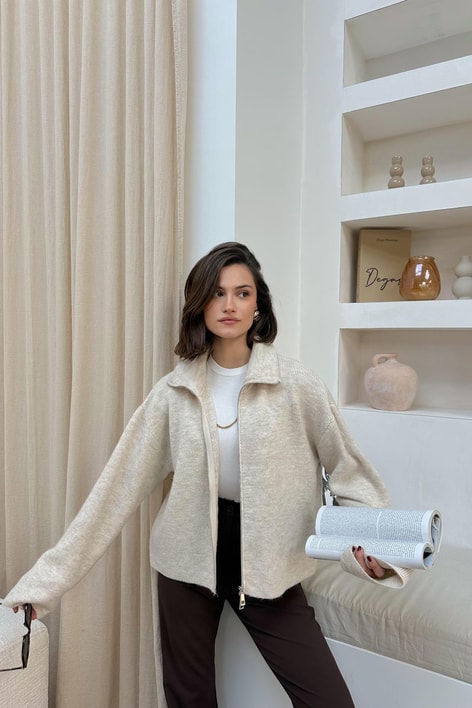 Dik Yaka Fermuarlı Hırka Taş