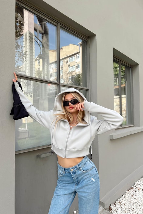 Fermuarlı Crop Hırka Koyu Gri