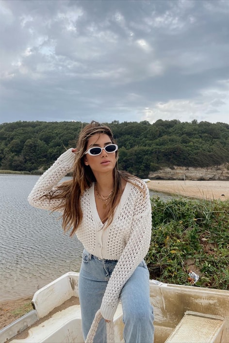 İnci Düğmeli Triko Hırka Bej