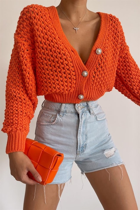 İnci Düğmeli Triko Hırka Oranj