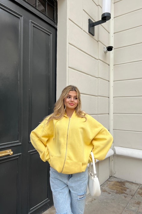 Kanguru Cep Kapüşonlu Hırka Sarı