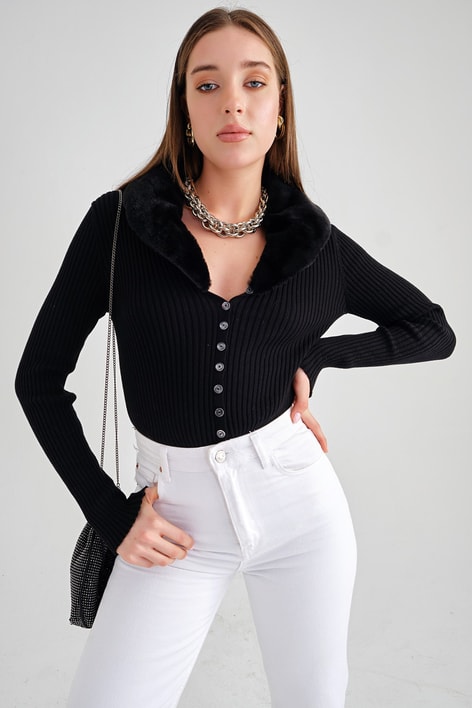 Kürk Detay Crop Hırka Siyah
