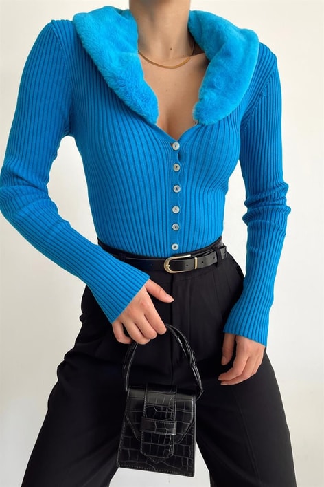 Kürk Yaka Detaylı Triko Hırka Saks Mavisi