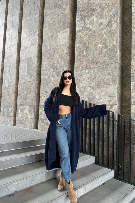 Önü Açık Şal Yaka Hırka Lacivert