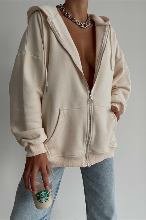 Oversize Kapüşonlu Hırka Bej