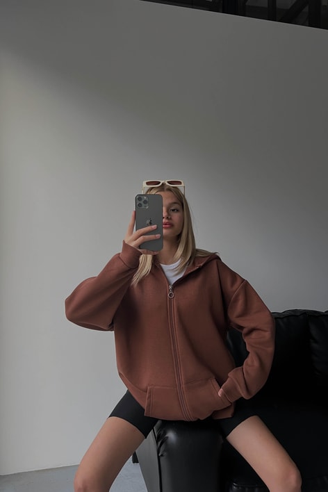 Oversize Kapüşonlu Hırka Kahve