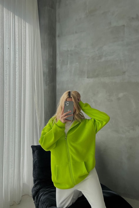 Oversize Kapüşonlu Hırka Neon Yeşil