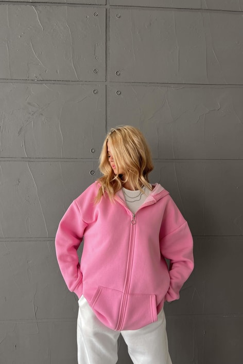 Oversize Kapüşonlu Hırka Şeker Pembe