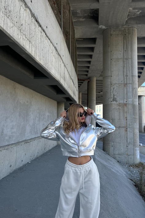 Silver Sportif Kapüşonlu Hırka Gümüş