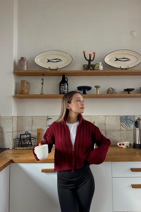 Triko Şeritli Hırka Bordo