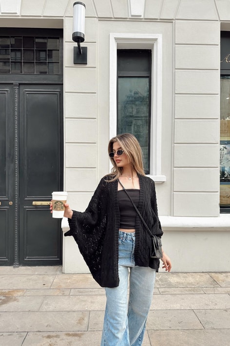 Yarasa Kol Örgü Hırka Siyah