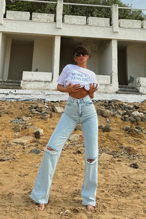 Crop Kesim Distressed Highwaist Jean Buz Mavi
