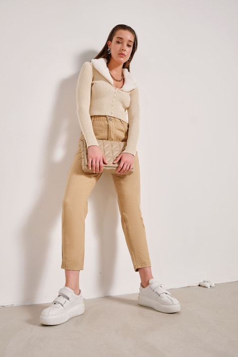 Elastik Belli Mom Jean Camel