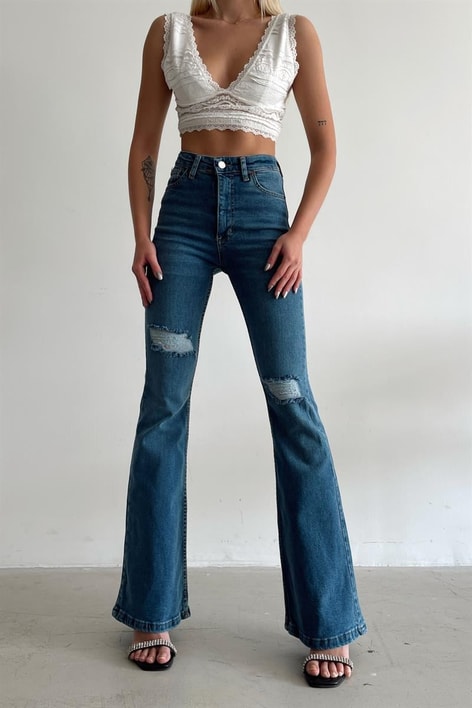 İspanyol Paça Distressed Jean Mavi