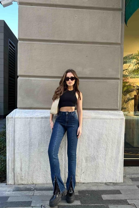 Ön Yırtmaçlı Jean Lacivert