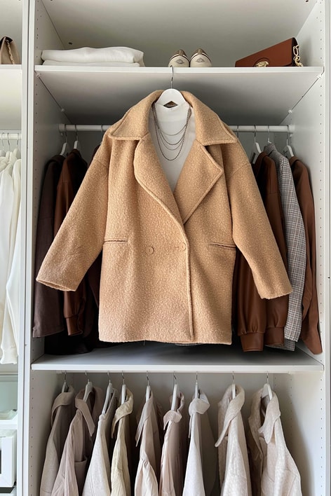 Çizgi Astarlı Buklet Kaban Camel