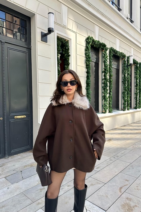 Kürk Yaka Kısa Kaban Kahve