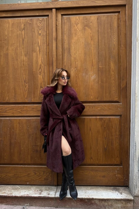 Kürk Yaka Peluş Kaban Bordo