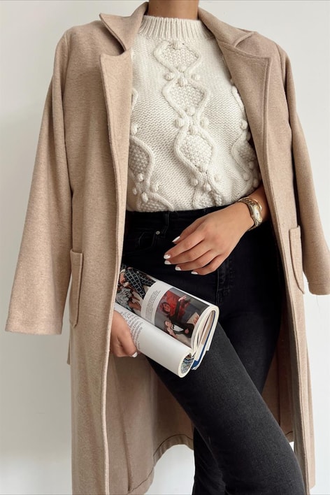 Kuşaklı Cep Detay Kaşe Kaban Bej