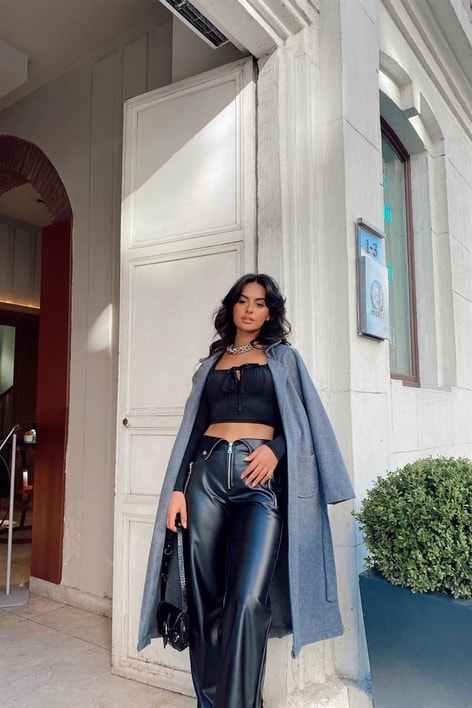 Kuşaklı Cep Detay Kaşe Kaban Füme