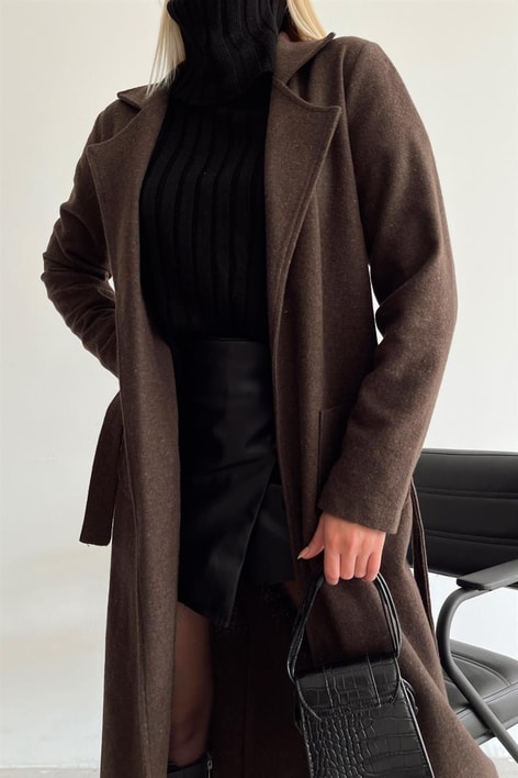 Kuşaklı Cep Detay Kaşe Kaban Koyu Kahve