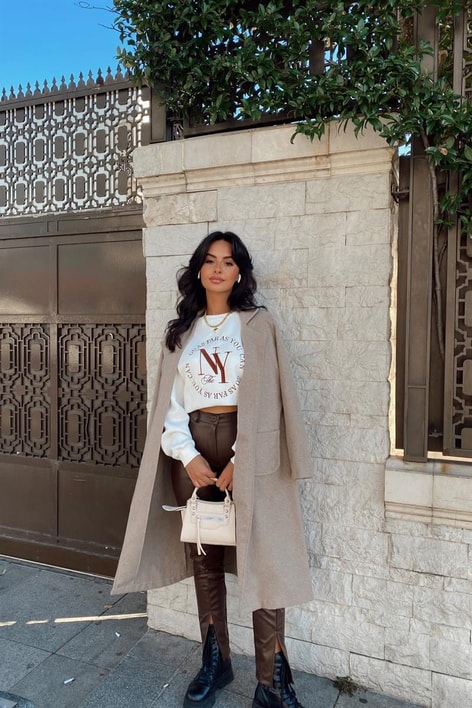 Kuşaklı Cep Detay Kaşe Kaban Vizon