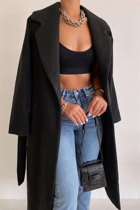 Kuşaklı Premium Kaşe Kaban Siyah