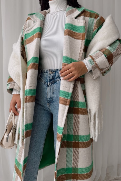 Oversize Ekose Kaşe Kaban Yeşil