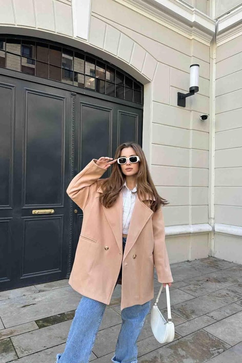 Oversıze Kaşe Kaban Camel