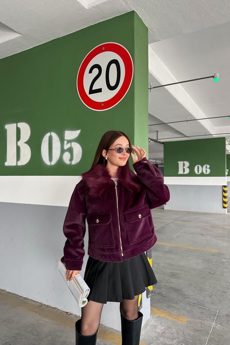 Yakası Kürklü Premıum Kısa Kaban Mürdüm