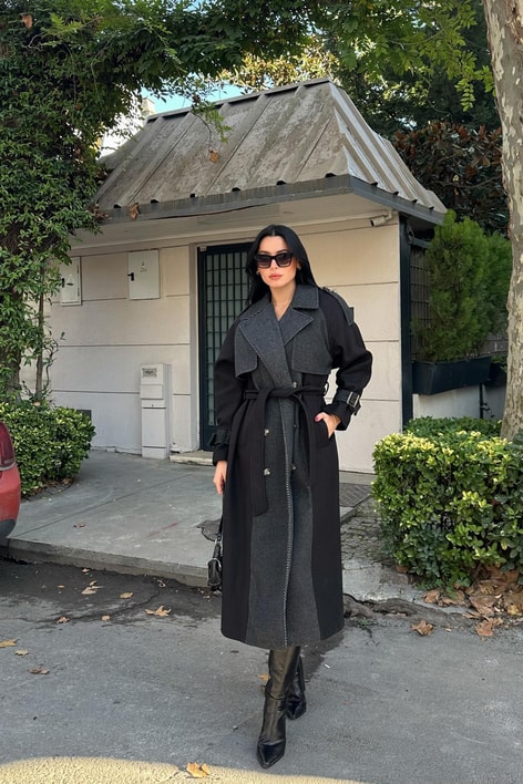 Zikzak Detaylı Kaşe Uzun Kaban Siyah