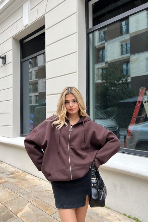 Kanguru Cep Kapüşonlu Hırka Kahve