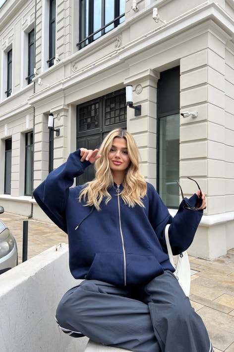 Kanguru Cep Kapüşonlu Hırka Lacivert