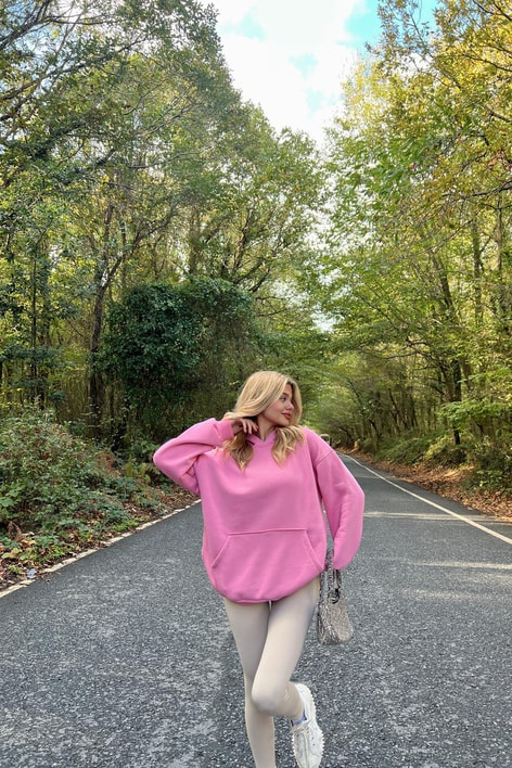 Kanguru Cepli Kapüşonlu Sweatshirt Pembe