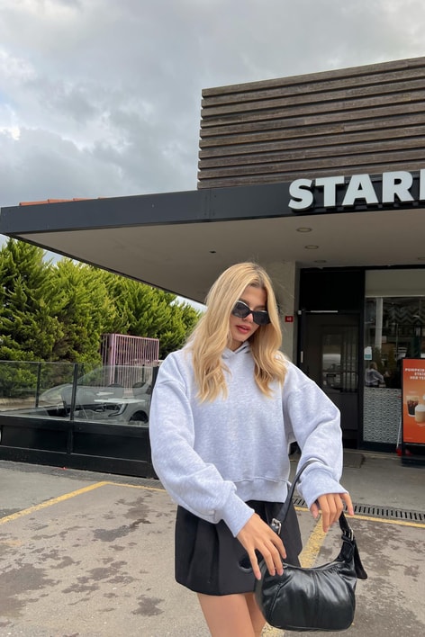 Kapüşonlu Crop Sweatshirt Gri Melanj