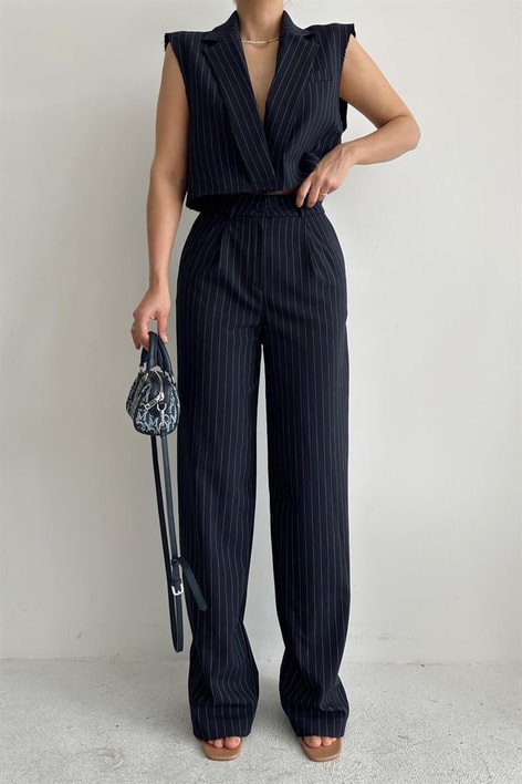 Çizgili Yelek Pantolon Takım Lacivert