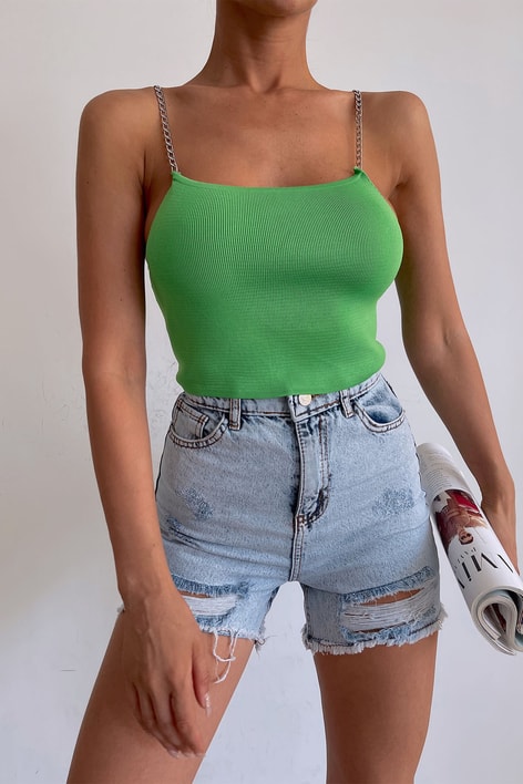 Zincirli Askılı Triko Crop Top Yeşil