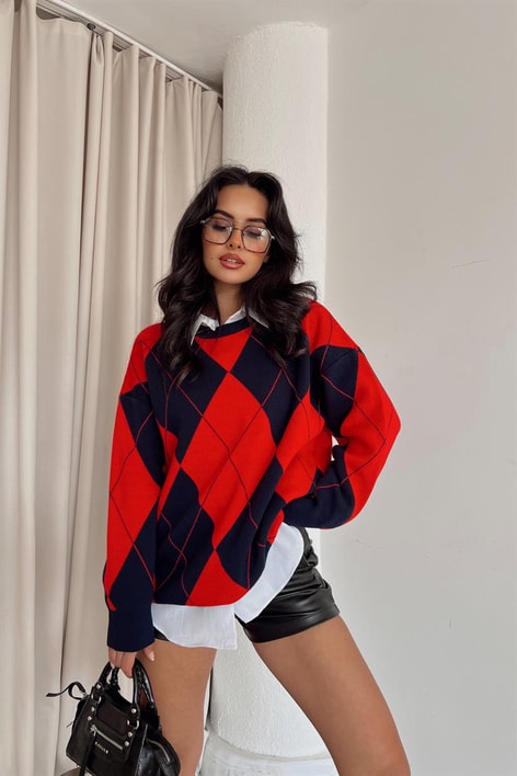 Baklava Desen Duo Triko Kazak Kırmızı