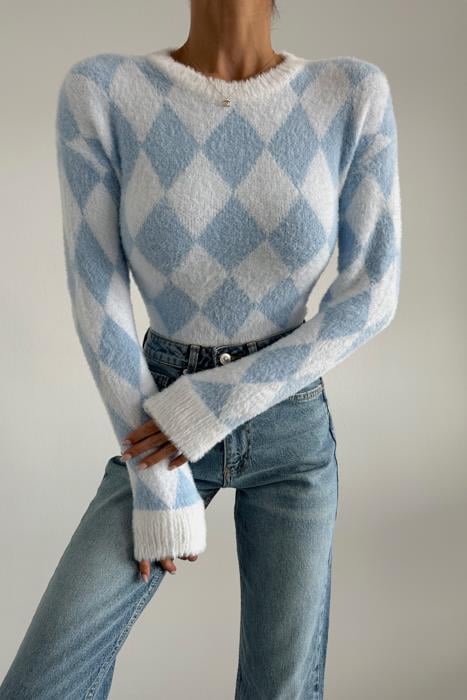 Baklava Desen Yumoş Kazak Mavi