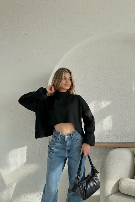 Bel Dekolteli Balıkçı Kazak Siyah