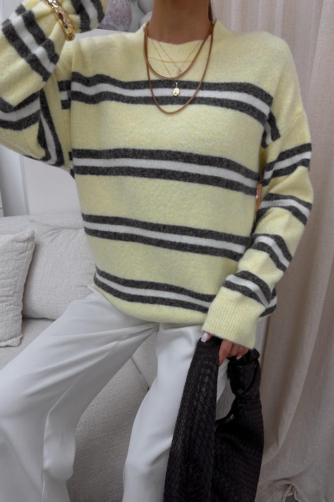 Çizgili Oversize Triko Kazak Sarı
