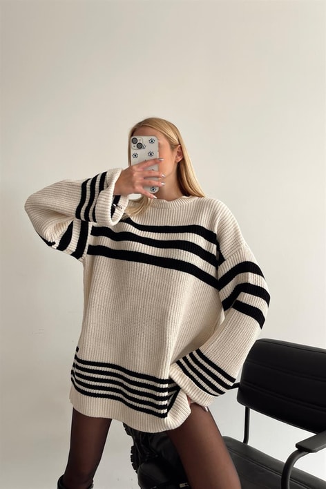 Çizgili Triko Cotton Kazak Krem