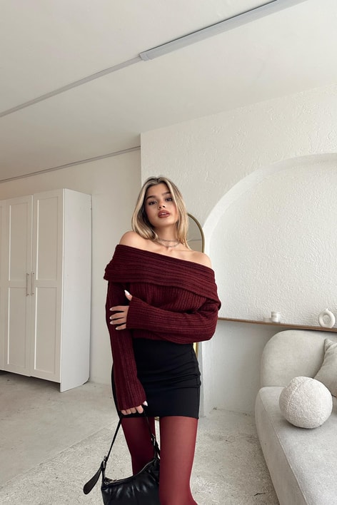 Degaje Yaka Fitilli Kazak Bordo