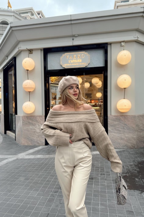 Degaje Yaka Fitilli Kazak Koyu Bej