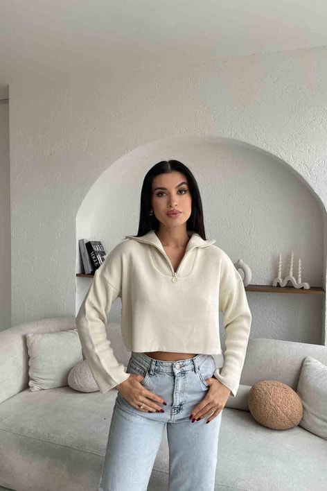 Fermuar Detay Çelik Örme Triko Krem